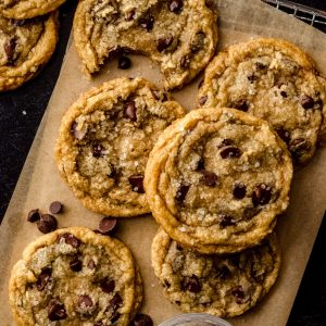 Chocolate chip cookies on parchment