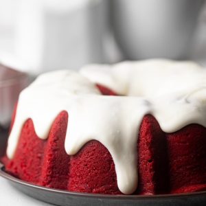 Red velvet pound cake with white icing